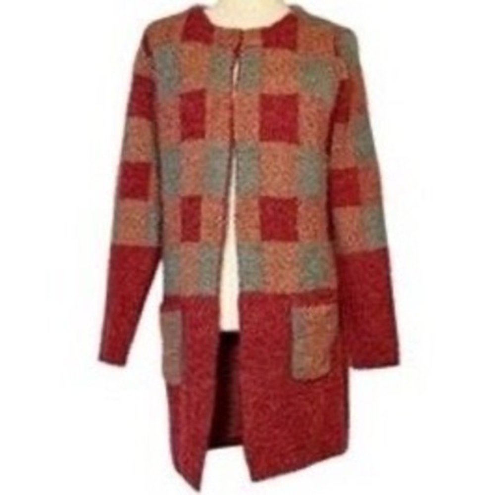 Yaira Red Grey Checkered Longline Open Front Cardigan Sweater Large